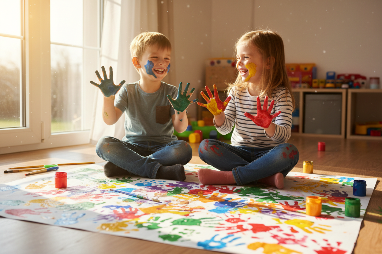 two kids sitting with painted hand and in the room floor many colouring hand print of those kids